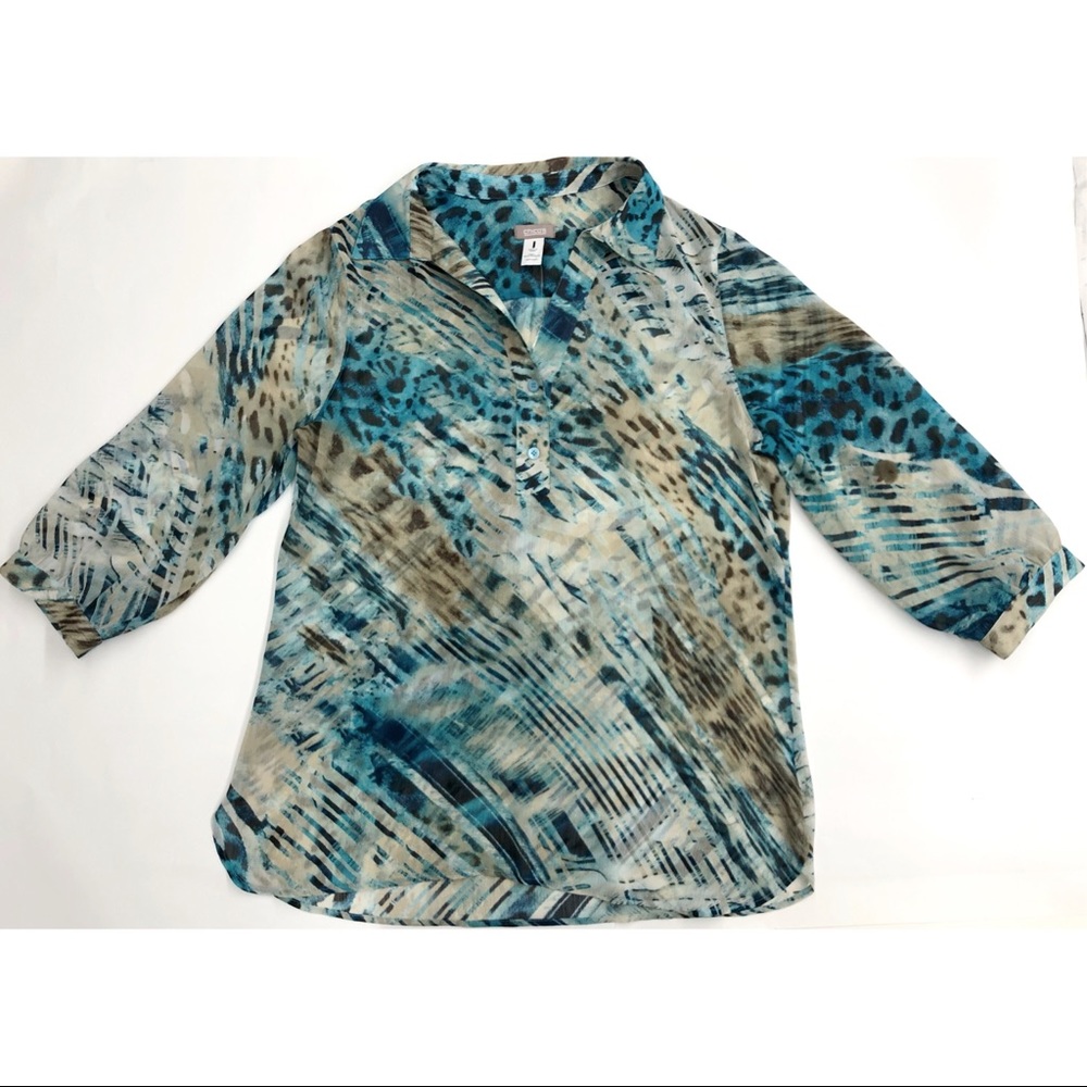 Chico's Blue Cream Animal Print Burnout Blouse - Picture 9 of 15